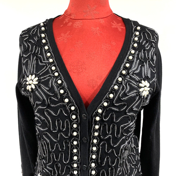 Black cardigan sweater lace applique pearl beadwork embellishment dressy size M - Picture 4 of 10